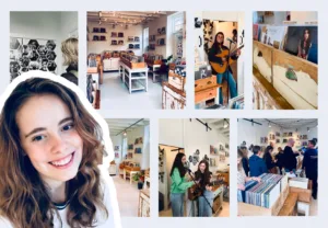Collage van muziekwinkel, gitaarspel en glimlachende jonge vrouw.