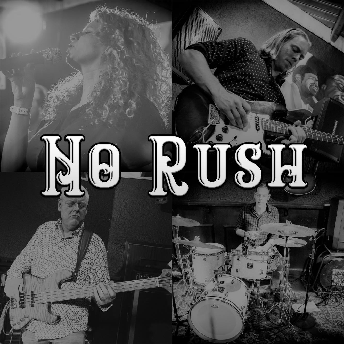 Bandleden van 'No Rush' musiceren in zwart-wit.