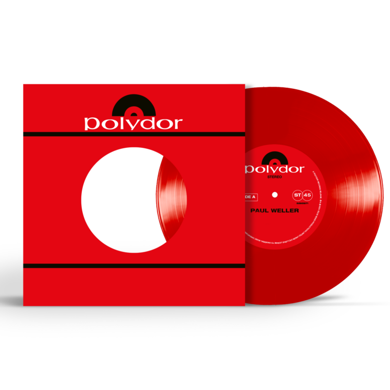 Rode vinylplaat met hoes van Polydor.