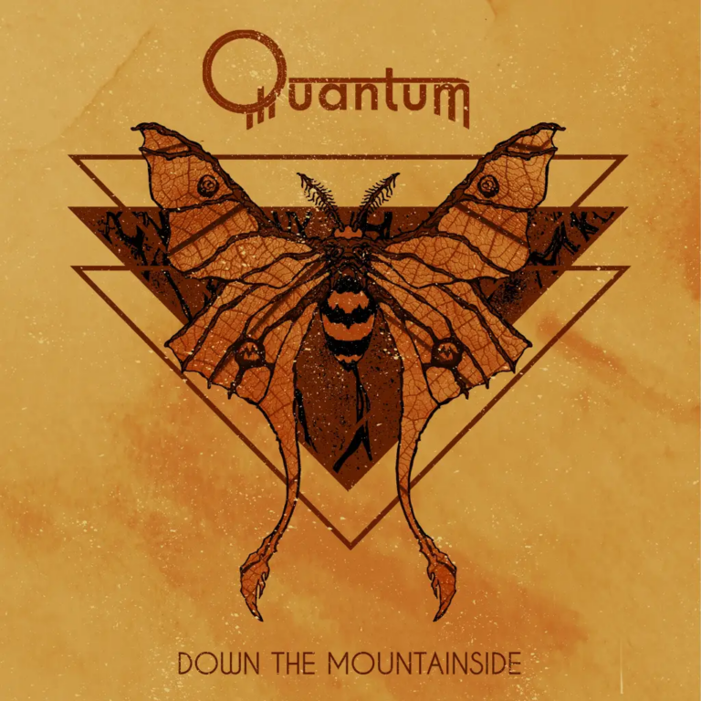 Geometrische motillustratie met tekst Quantum en Down the Mountainside.
