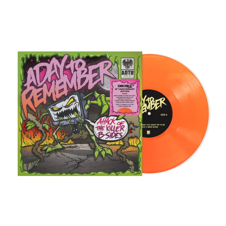 Oranje vinylplaat en albumhoes met grafisch ontwerp.