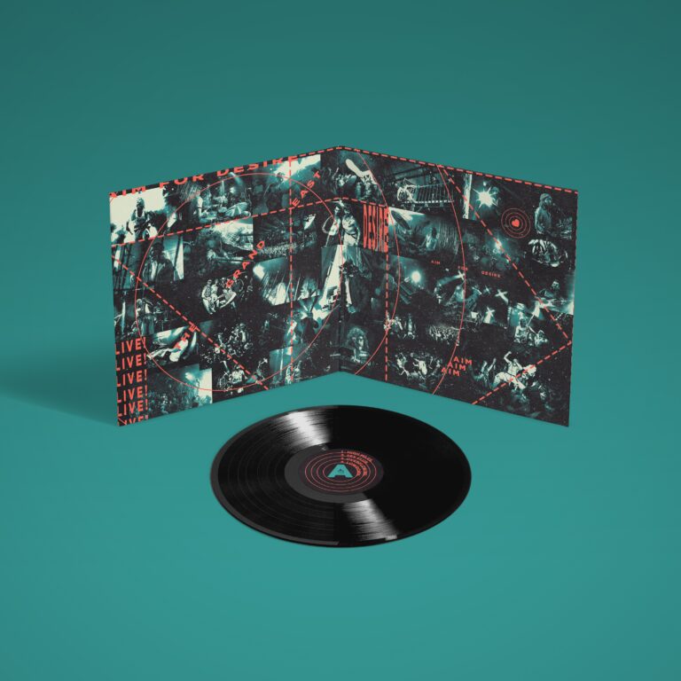 Vinylplaat met concertfotocollage op groene achtergrond.