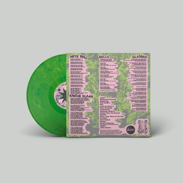 Groene vinylplaat met albumhoes en songteksten.